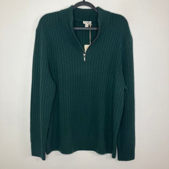 NWT GARNET HILL Men's Washable Cashmere Ribbed Sweater 1/4 Zip Emerald Green L - Picture 2 of 6